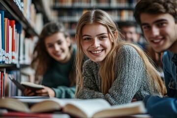 Happy group of students studying and working together in a college library, Generative AI