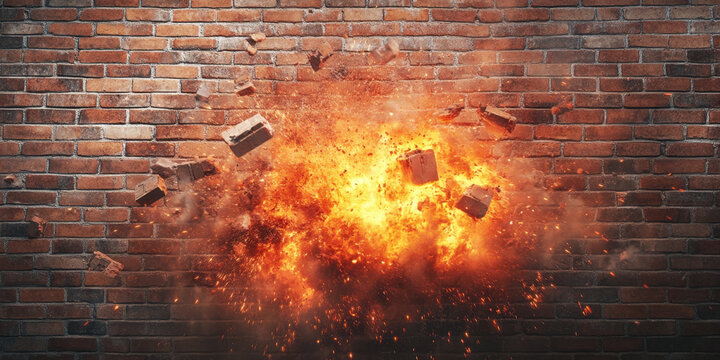 brick wall exploding with chaos, debris flying, and flames erupting creates dramatic scene filled with energy and intensity. explosion showcases mix of bricks and fiery elements, emphasizing