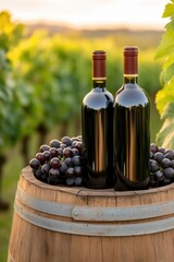 Obraz premium Two wine bottles and grapes on barrel in lush vineyard at sunset