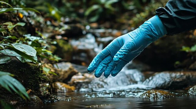 A gloved hand gently touches clear water in a serene forest setting.