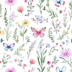 Watercolor floral seamless pattern. Cute botanical print, blooming summer meadow illustration with butterflies on white background. Pastel color palette. Great for nursery design, textile