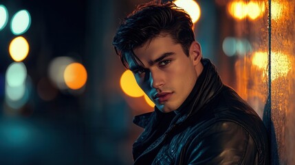 Naklejka premium a stylish young man posing confidently in an urban environment, sleek modern fashion, strong contrast between shadows and highlights, blurred city lights. 