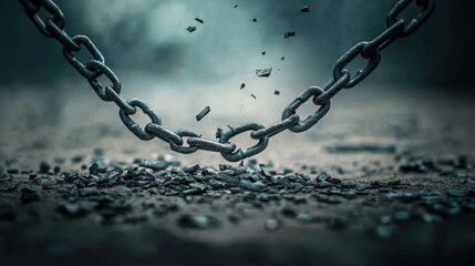 broken chain falling to ground symbolizes freedom and release from constraints, evoking sense of liberation and hope amidst debris