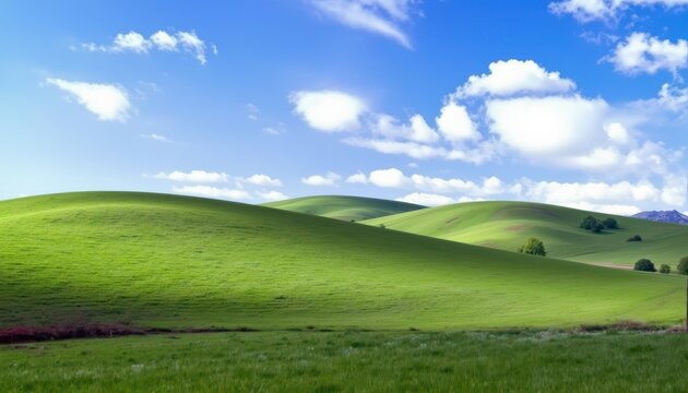 The view features a vast expanse of rolling hills covered in vibrant green grass