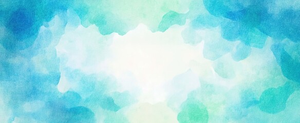 Blue green watercolor background with white cloudy center and abstract watercolor sky border design texture
