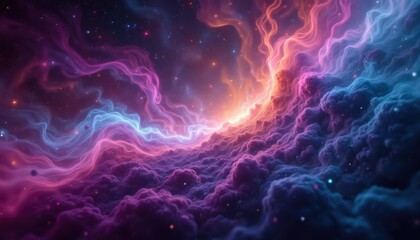 The vibrant tendrils of swirling colors in the background resemble nebula clouds drifting through the vast expanse of space.
