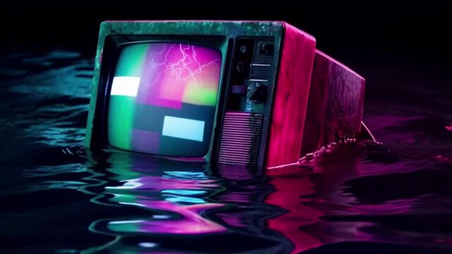 3D Animation Futuristic Retro: Broken Television in Cyberpunk Waters Lofi looping - Powered by Adobe