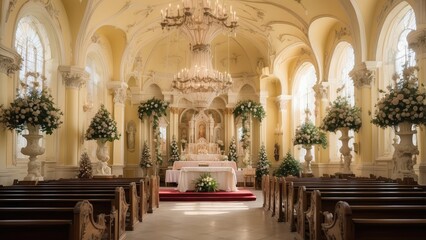 Fototapeta premium Interior view of a grand church featuring high,