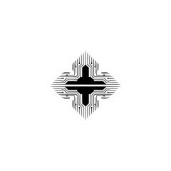 Tech Logo Design: Cross Circuitry on White Background