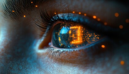 Close-up of a futuristic cybernetic eye with glowing neon lights and digital patterns in the iris