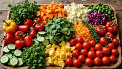 A colorful array of vibrant vegetables such as crisp bell peppers, juicy cherry tomatoes, crunchy cucumbers, and fragrant herbs