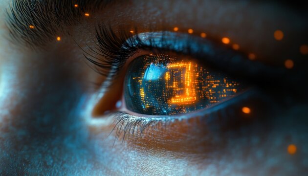Close-up of a futuristic cybernetic eye with glowing neon lights and digital patterns in the iris