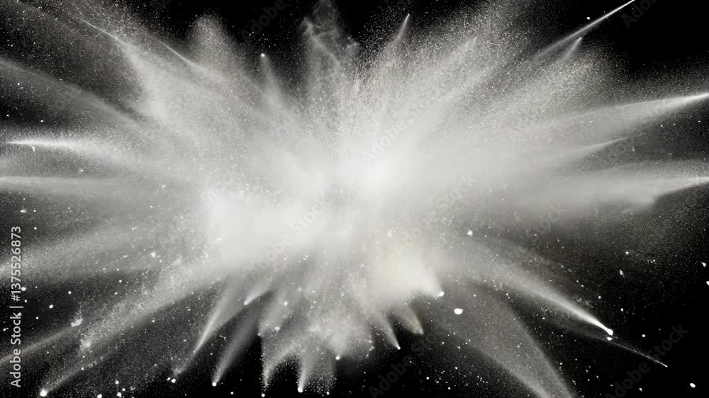 Poster dynamic explosion of white powder creating intricate patterns against a black background