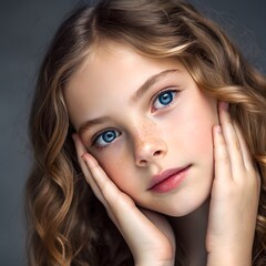 Obraz premium Child portrait with hands on face, soft studio lighting highlights natural beauty. Close-up of young girl with wavy brown hair and clear blue eyes against dark background