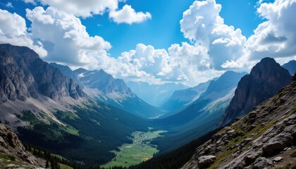 The towering rocky peaks cast long shadows over the lush green valleys below