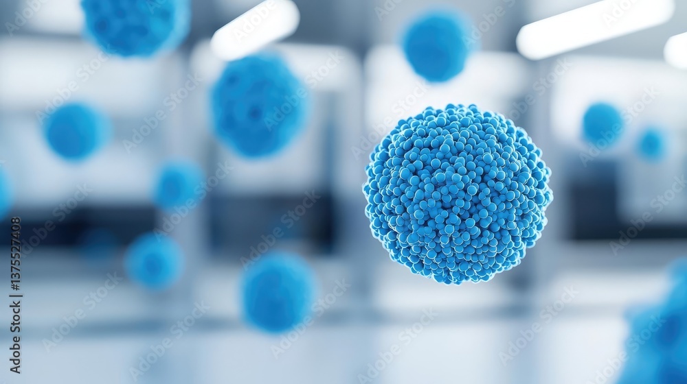 Poster blue exosome particles in biotechnology and medical concept. abstract close-up of blue spherical par