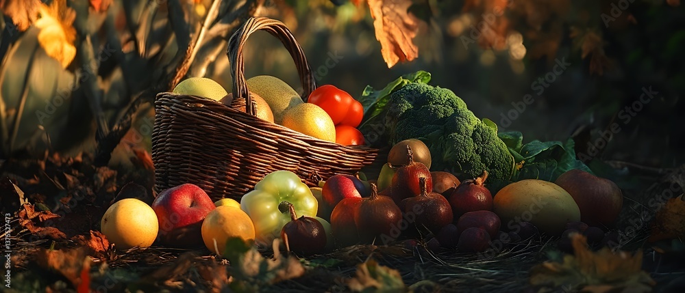 Poster a rustic wicker basket overflowing with a colorful array of freshly harvested autumn fruits and vege