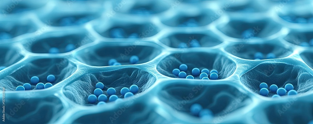 Poster blue exosome particles in biotechnology and medical concept. close-up view of molecular structure wi