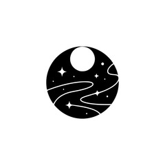 Minimalist Celestial Logo: Moon, Stars, & Swirling Cosmos in Black & White