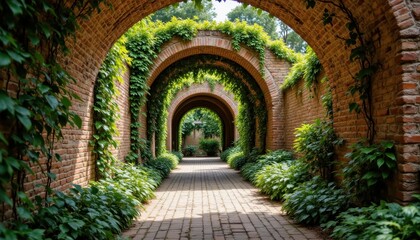 Fototapeta premium The charming passageway features arched brick walls adorned with lush greenery