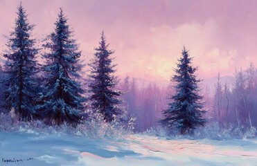 Fototapeta premium Winter landscape with frosty pine trees and river at sunrise
