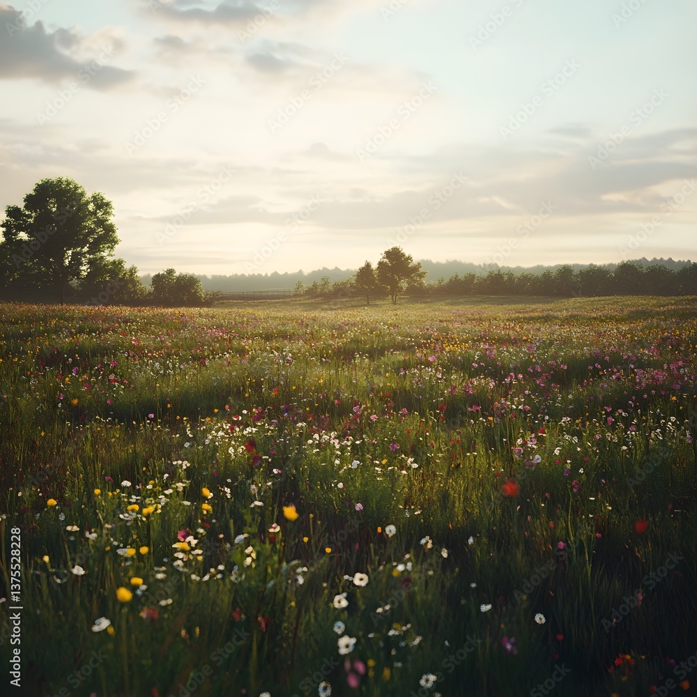 Poster a tranquil field filled with a colorful array of wildflowers basking in the warm glow of the setting