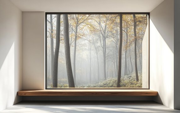 Fototapeta Modern minimalist interior with large window showcasing autumn forest