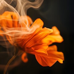 Fototapeta premium A vibrant orange flower in full bloom enveloped by wispy hazy smoke creating an ethereal and captivating scene