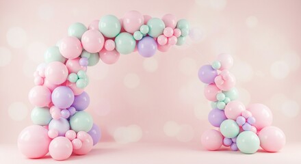 Pastel multicolour balloon arch decoration with pastel backgrounds	