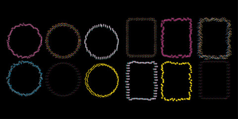 Decorative sparkle frames with heart, star, and dot elements. Trendy glitter borders for invitations, social media, and designs. Black background. High-quality vector.