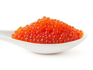 Serving of Red Salmon Caviar on White Spoon Close-up Studio Shot