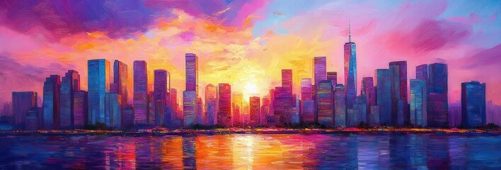 Fototapeta premium Vibrant City Skyline at Sunset Impressionist Painting Abstract Artwork