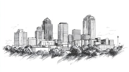 Naklejka premium Akron Skyline Hand Drawn Sketch. City Landscape of Akron, Ohio with Architecture and Business District