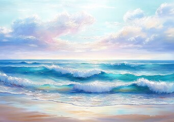 Obraz premium Impressionist Seascape Oil Painting of Vibrant Blue Waves and Pastel Sky