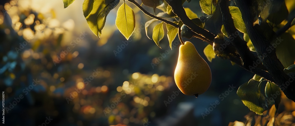 Poster a single ripe pear hanging from the branch of an autumn tree surrounded by green and yellow leaves i