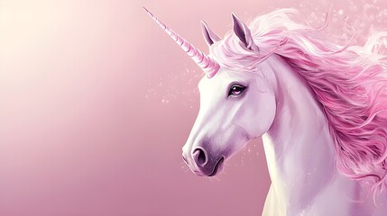 Naklejka premium Background with a cute unicorn with a pink mane and tail that flies in the clouds. Dreamy unicorn in the pink clouds. Magical creature. Fantasy background with pink unicorn.