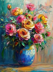 Impressionist Flower Bouquet in Ceramic Vase with Pink Yellow and Red Roses