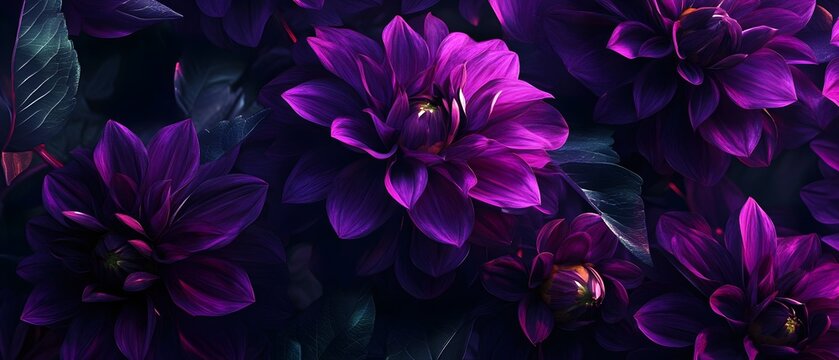 Closeup of lush vibrant purple dahlia flowers blooming amidst dark foliage creating a captivating and serene natural scene