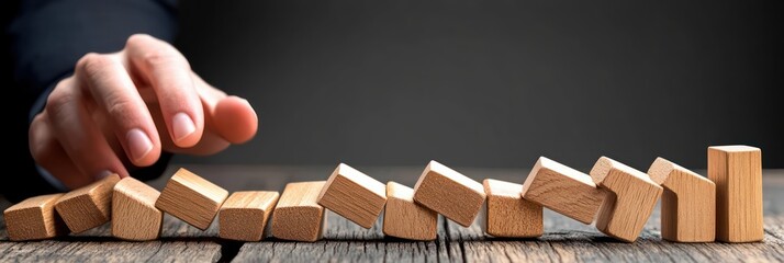 Businessman Hand Stopping Falling Dominoes on Wooden Table Concept of Risk Management and Investment Protection