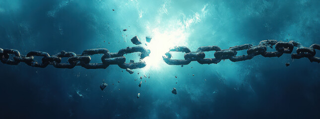conceptual artwork of breaking chain symbolizes freedom and liberation, with light bursting through cracks, creating powerful emotional impact