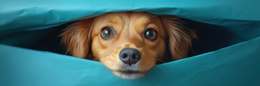 Cheerful dog peeking through vibrant blue wall tear smiling cute cartoon illustration - Powered by Adobe