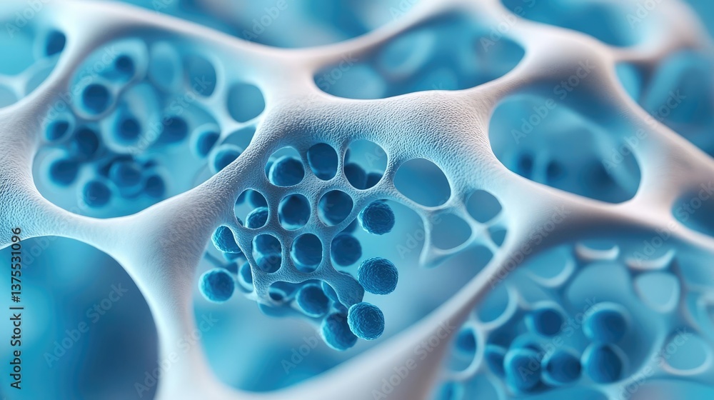 Poster blue exosome particles in medical and skincare concept. close-up of blue microstructure, showcasing 