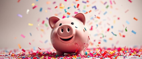 Joyful piggy bank explodes with colorful confetti on a bright background, sparkle, celebration