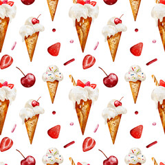 Cute and colorful seamless pattern featuring ice cream cones with strawberry toppings, ideal for creating vibrant summer designs.