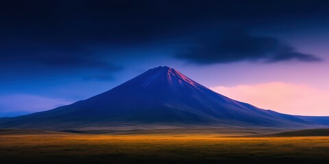 Fototapeta premium Snowcapped mountain under blue twilight sky. Wide panoramic landscape with dark ridge and glowing horizon. Calm ambition and resilience. Ideal for branding, travel ads, and wellness websites.