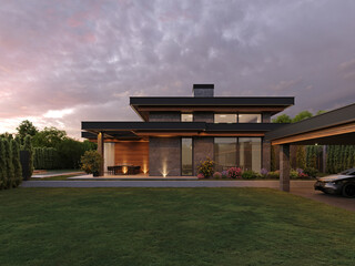 Modern house with flat roof and panoramic windows. Exterior. Evening illumination of the facade. House with swimming pool and large terrace. Modern architecture