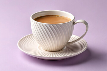 A white ceramic cup with a spiral textured design, filled with milky tea, sits on a matching saucer against a solid lavender background.