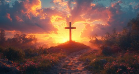 Fototapeta premium Majestic Cross on Hill at Sunrise with Glowing Light and Dramatic Clouds