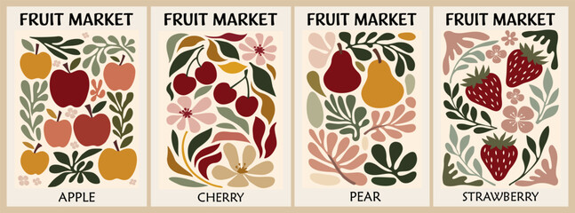 Set of Abstract Fruit Market retro posters. Trendy contemporary wall arts with Apple, Cherry, Pear, Strawberry fruit design in Mid century modern style. Vector flat illustrations