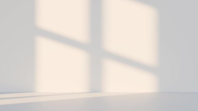 3D white studio room with a window shadow on the wall. Sunlight moves across the empty room. Background for product display, with space for text.